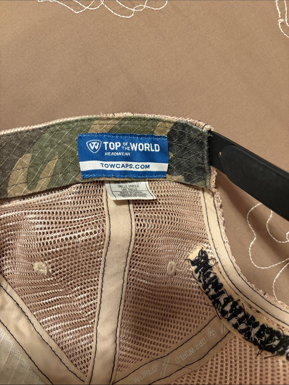 Top of the World Camo Trucker Hat with Black WV Patch and Tan Mesh - Picture 5 of 5